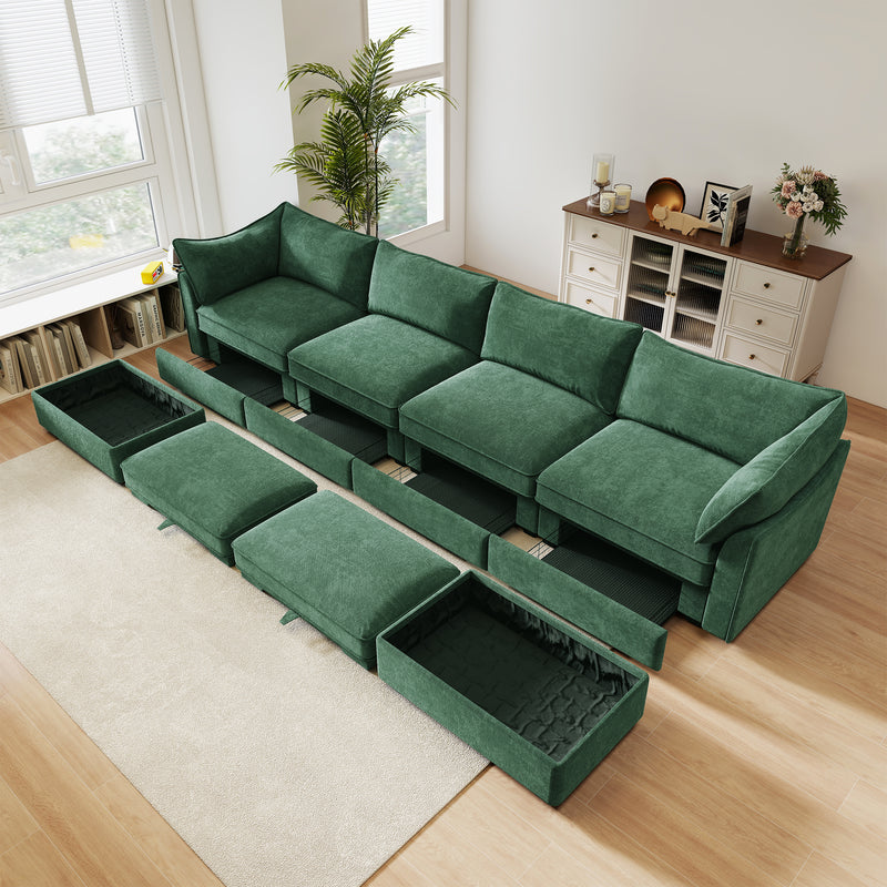 4-Seater Modular U-Shaped Chenille Sectional Sofa - Green Chenille