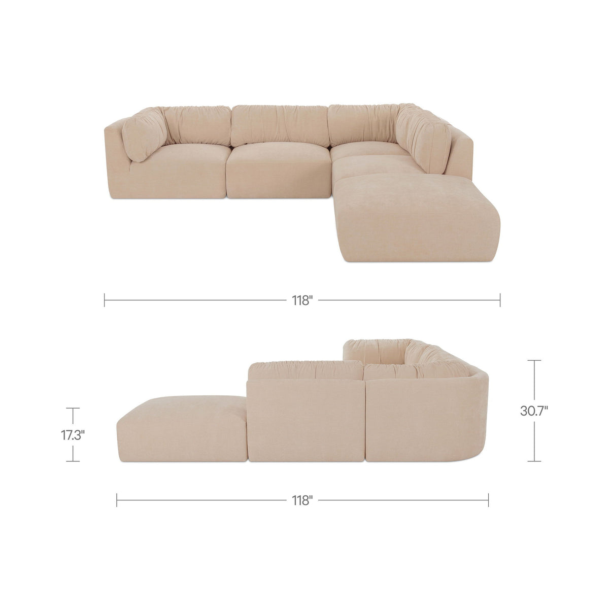 Oatmeal modular sectional sofa layout with right chaise and labeled dimensions
