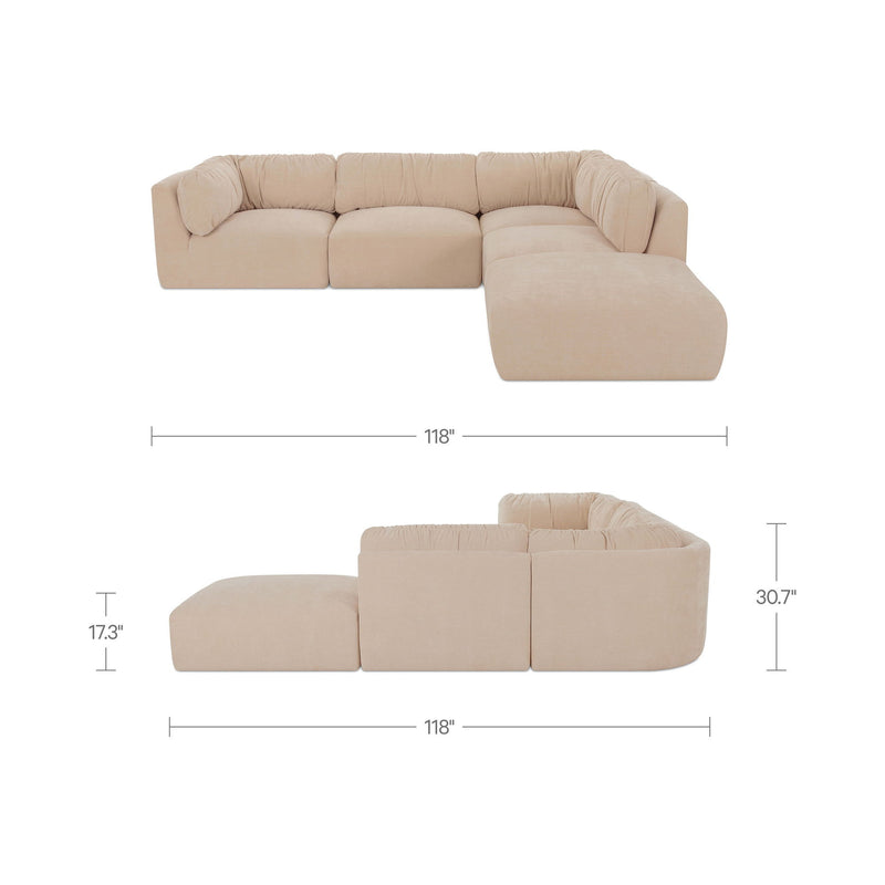 Oatmeal modular sectional sofa layout with right chaise and labeled dimensions