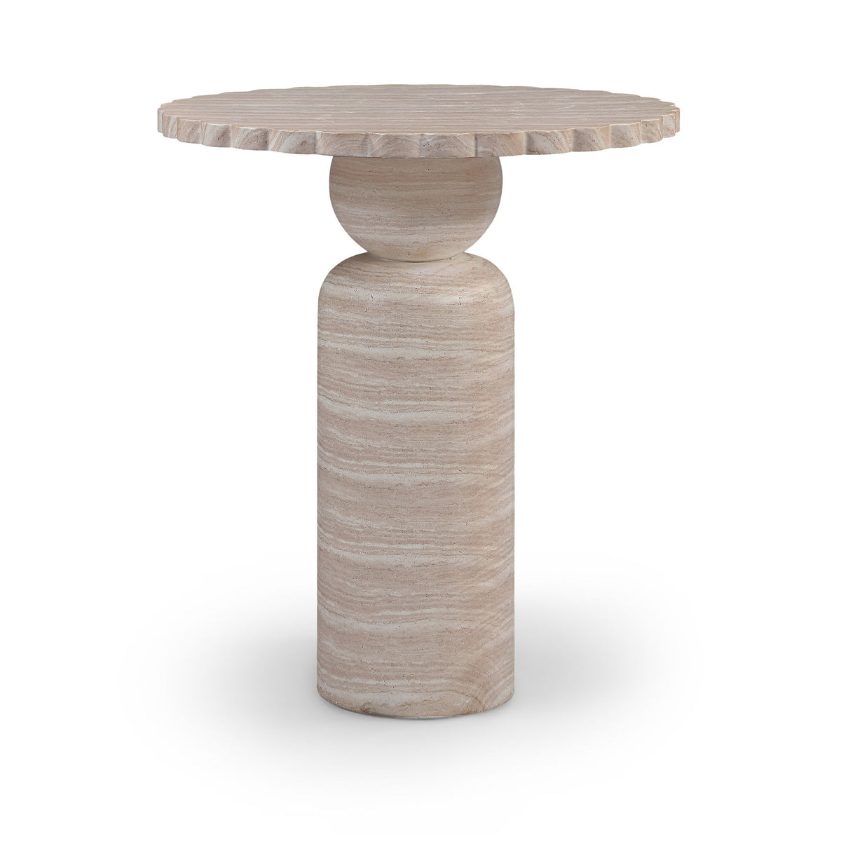 Round indoor/outdoor table with ribbed rim tabletop and carved column pedestal in light wood.
