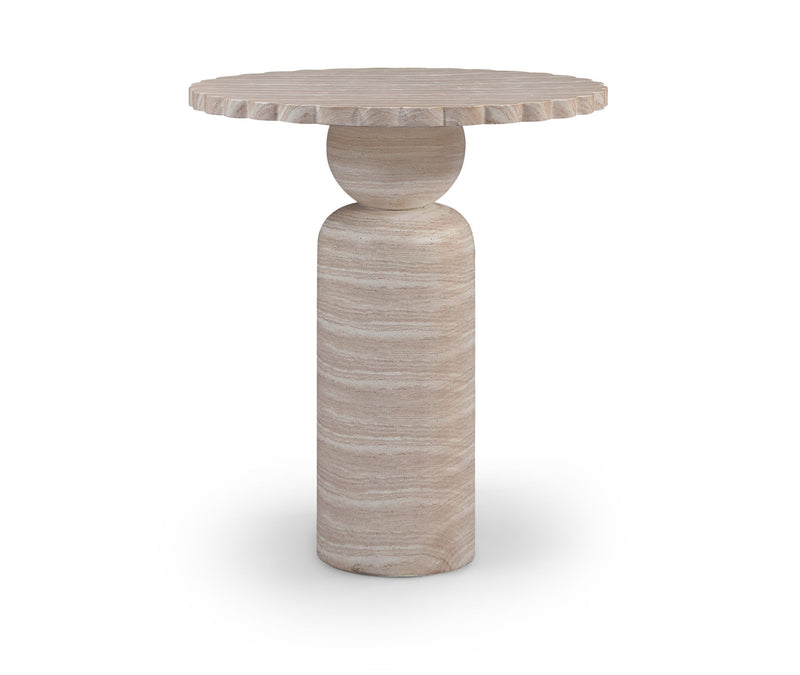 Round indoor/outdoor table with ribbed rim tabletop and carved column pedestal in light wood.