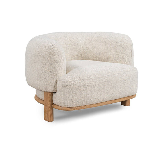Natural fabric accent chair with rounded arms and tapered wooden legs