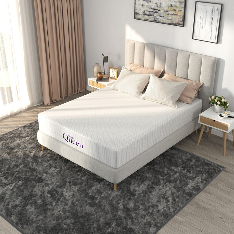 White queen memory foam mattress with silky mesh cover and Nap Queen logo