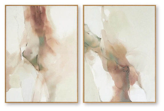 Set of 2 framed abstract prints with muted blue and beige tones