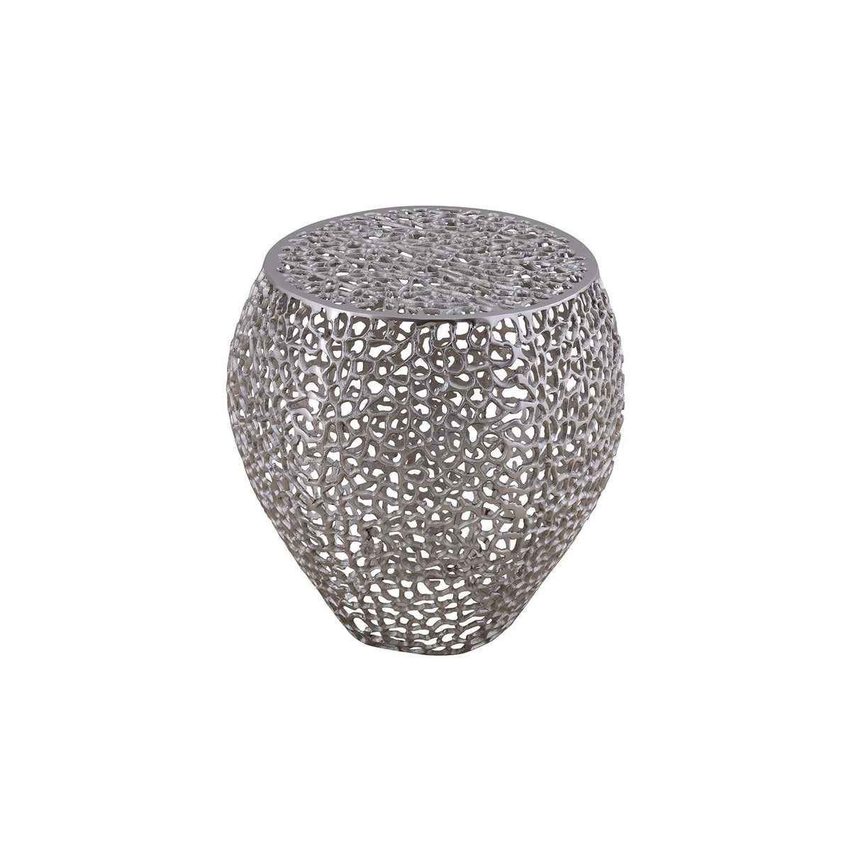 Silver side table with a rounded shape and openwork metal lattice