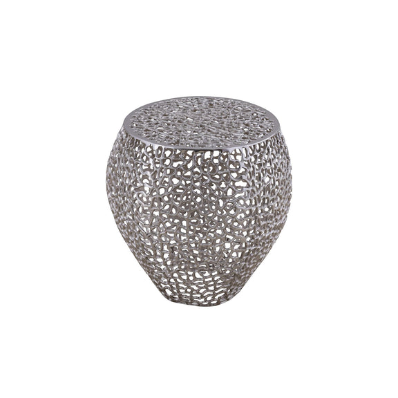 Silver side table with a rounded shape and openwork metal lattice