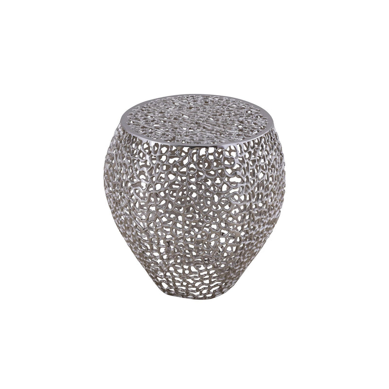 Silver side table with a rounded shape and openwork metal lattice