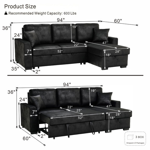 Black sectional with pull-out bed and chaise storage—product size diagram with inches