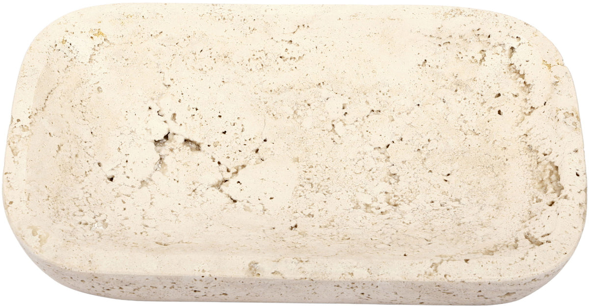 Beige travertine tray, rounded rectangular stone slab with speckles.