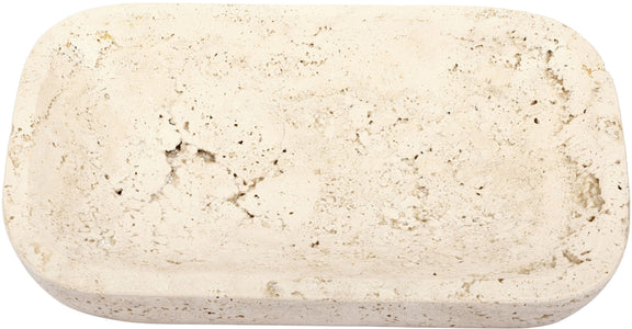 Beige travertine tray, rounded rectangular stone slab with speckles.