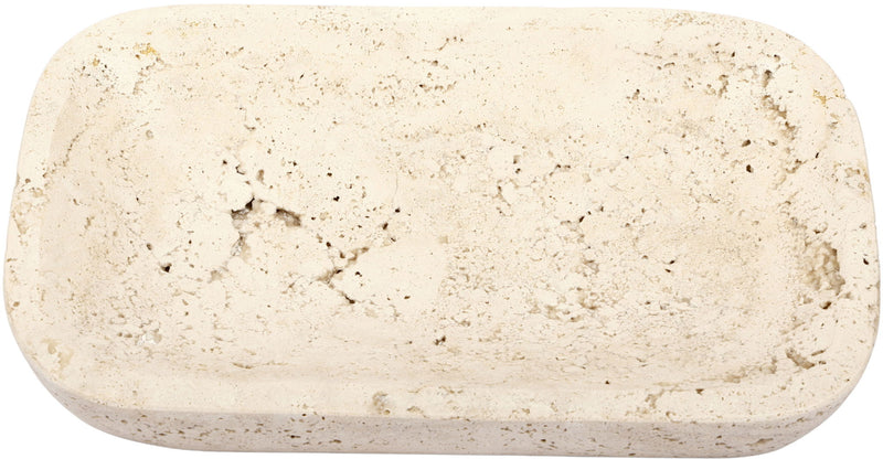 Beige travertine tray, rounded rectangular stone slab with speckles.