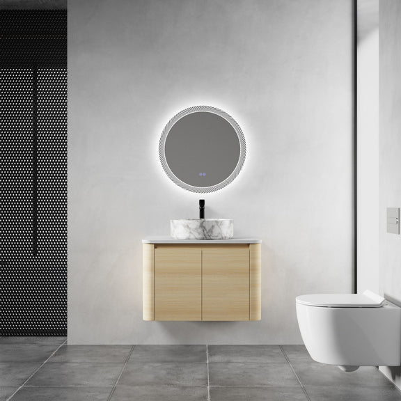 Bathroom vanity with two doors, light wood finish, white top, black round vessel sink