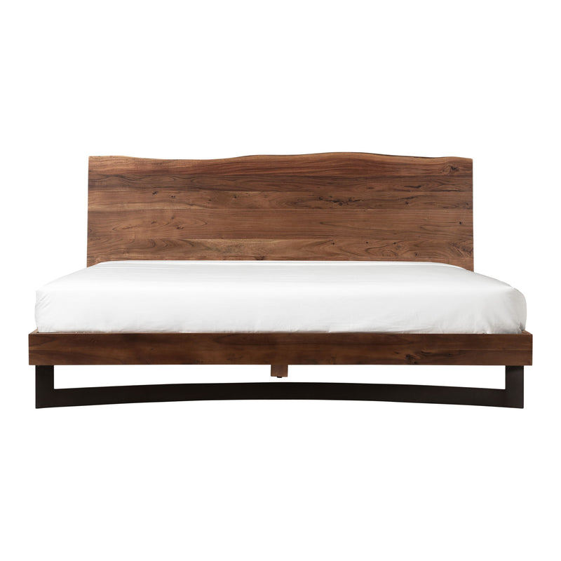 King size wooden bed frame with headboard, footboard, and fitted mattress topper