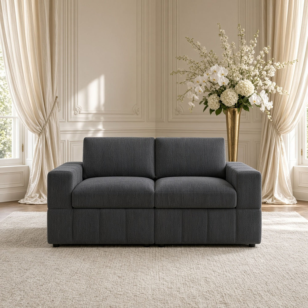 Dark gray fabric loveseat sofa with two back cushions and squared arms