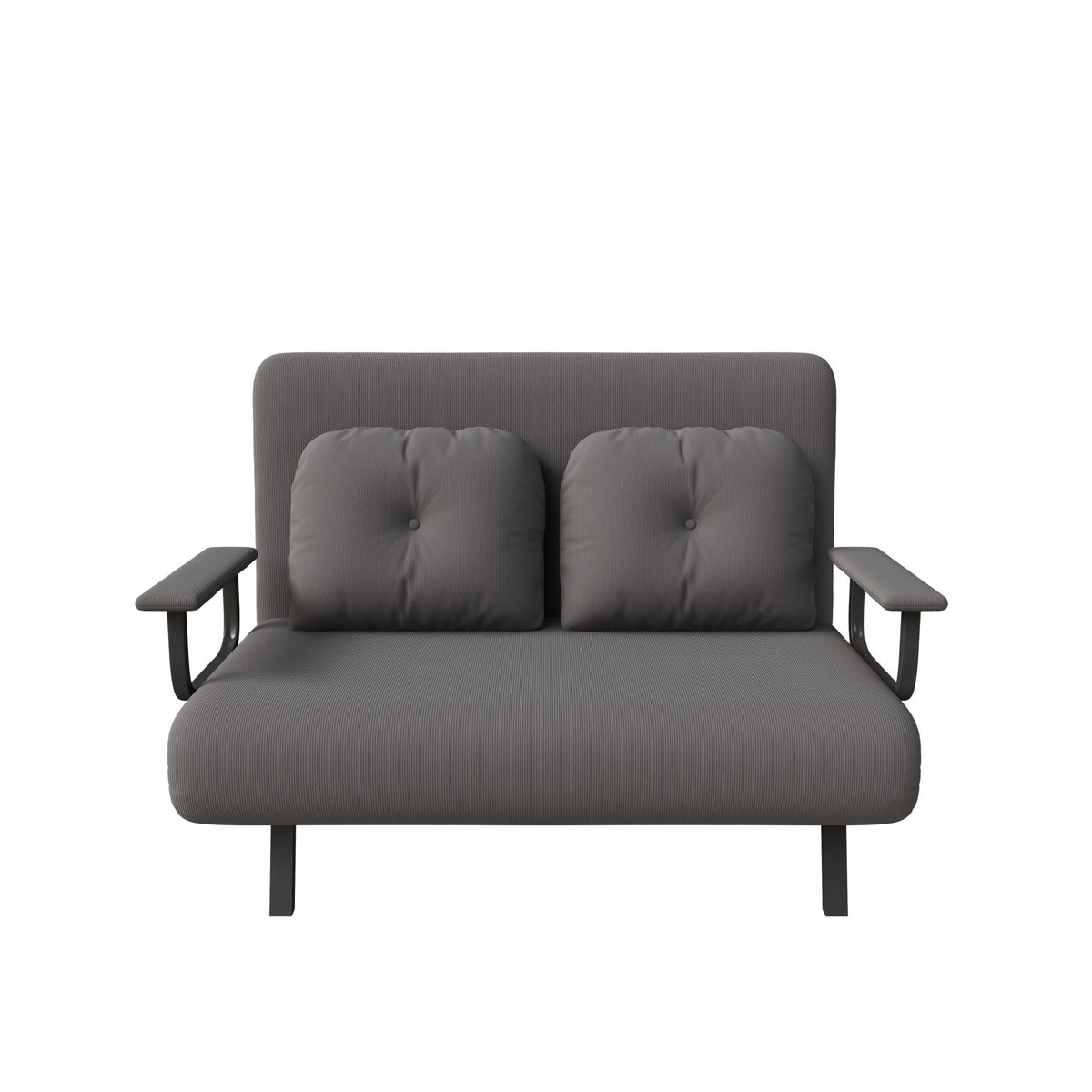 Convertible sofa bed, dark gray fabric with tufted backrest and dark arm supports.