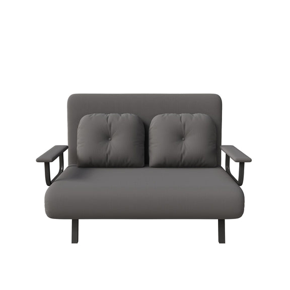Convertible sofa bed, dark gray fabric with tufted backrest and dark arm supports.