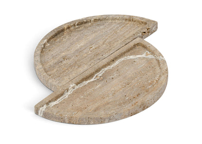 Travertine tray in gray-beige with two-piece circular design and natural veining.
