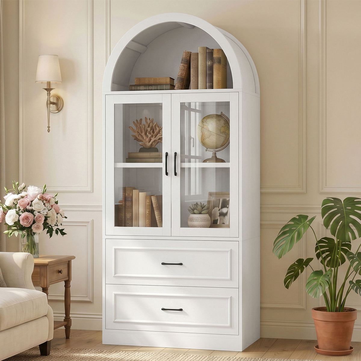 White arched-top cabinet with two fixed shelves behind double doors and two drawers