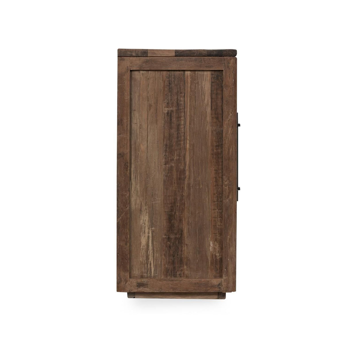 Wood 4-door cabinet side panel with hinged door edge and corner hardware.