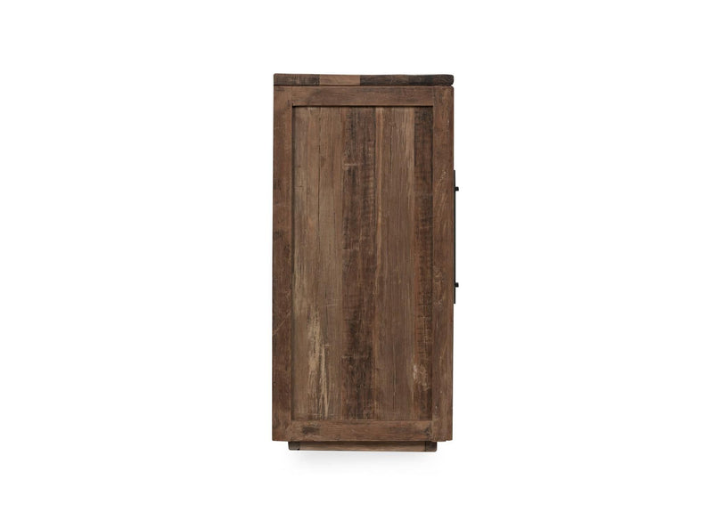 Wood 4-door cabinet side panel with hinged door edge and corner hardware.