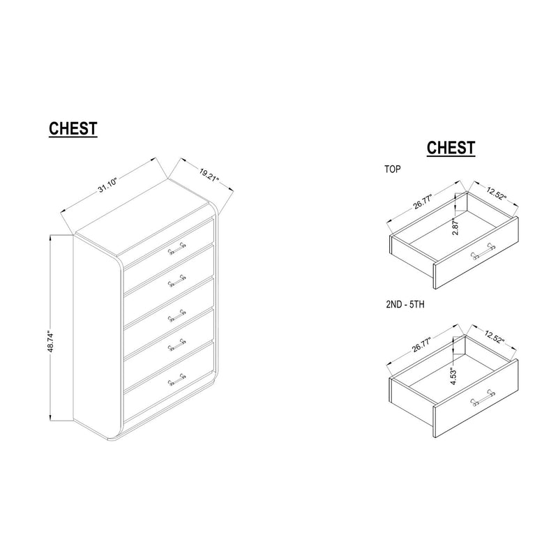 Gigi - Chest With LED Lights Chest, 5 Drawers, LED Lighting, Rounded Edges - Gold