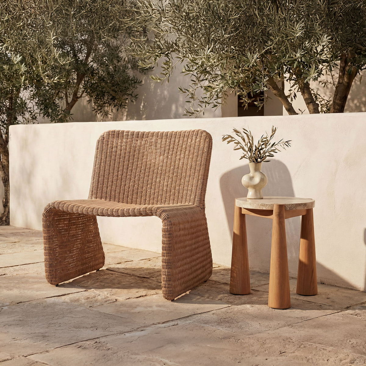 Natural wood round outdoor side table with tapered legs