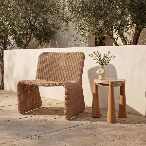 Natural wood round outdoor side table with tapered legs