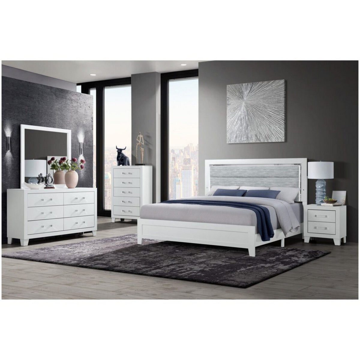 Omoda white framed square mirror on wall with abstract lightning design
