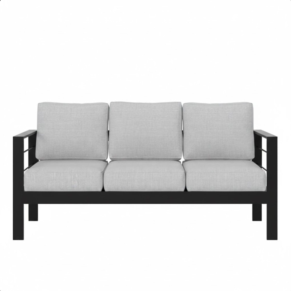 Black 3-seat outdoor patio sofa with three back cushions and gray seat cushions