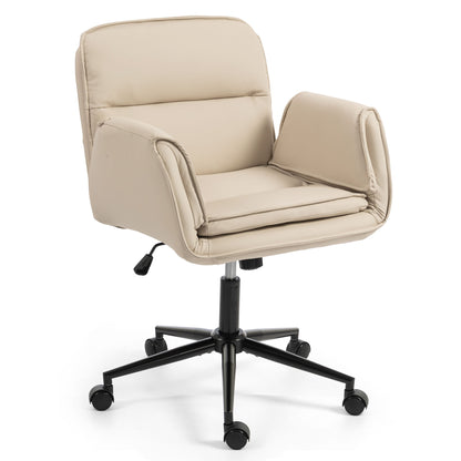 Beige upholstered swivel desk chair with thick seat back and armrests, on wheels
