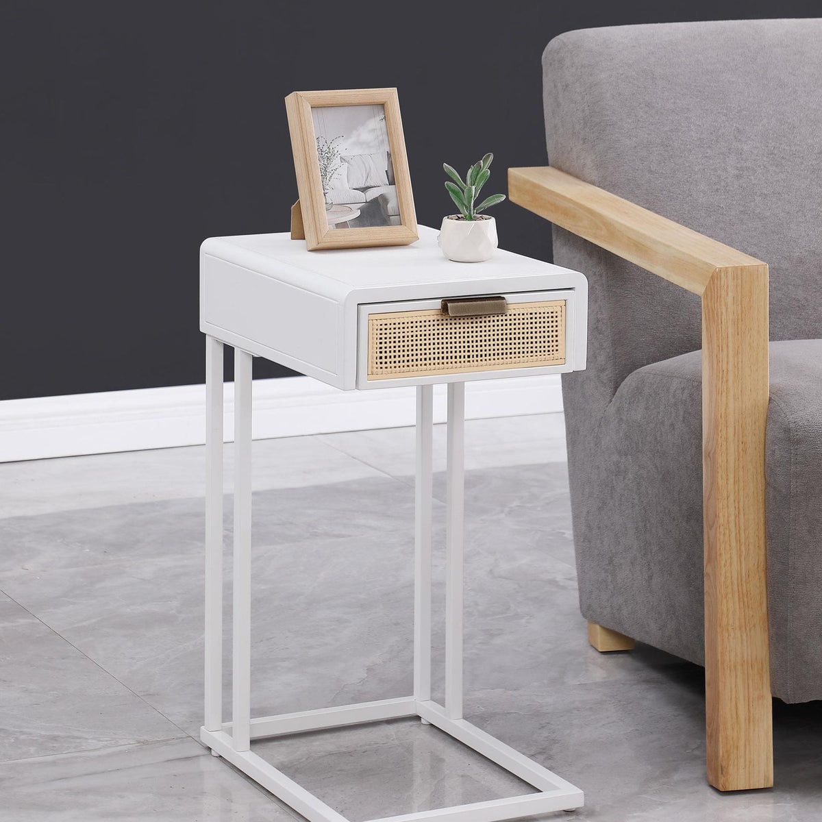 Amherst 1-drawer Radio Weave Cane Metal Side Table White