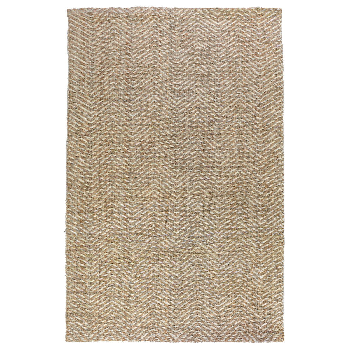 Jute herringbone rug in natural beige with tight woven chevron pattern.