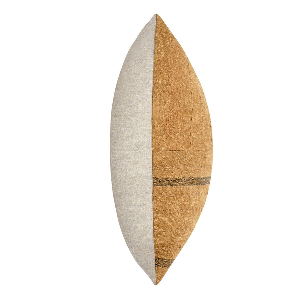 Throw pillow side view: patterned chestnut brown front with light beige backing fabric