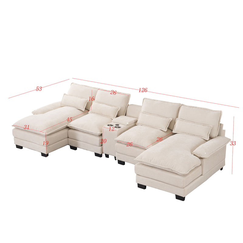 U Shaped Sofa With Console, Cupholders, USB Ports, 6 Seat, Bronzing Suede & Chenille