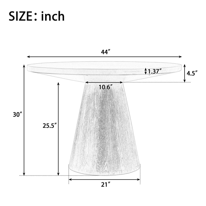 White round pedestal table with dimensions marked on the diagram