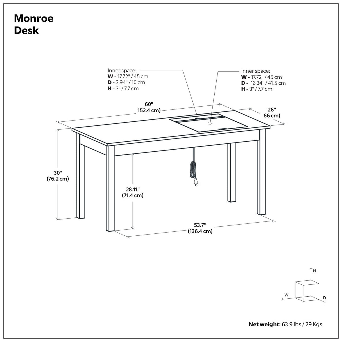 Line drawing of rectangular desk showing measurements and hanging pull handle