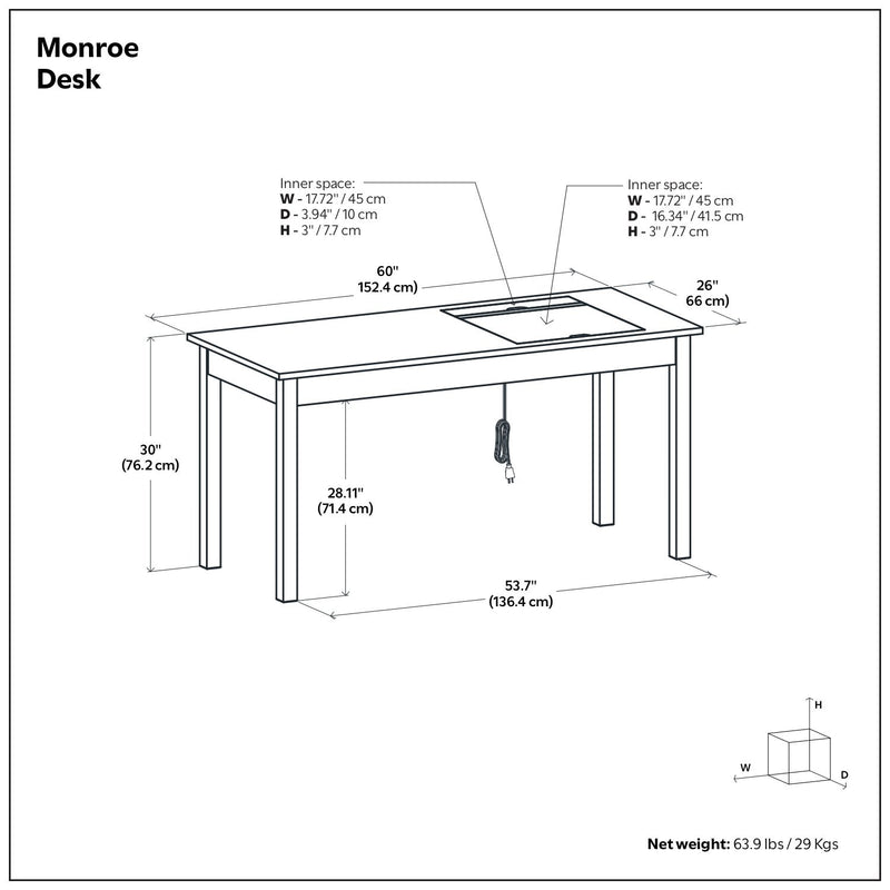 Line drawing of rectangular desk showing measurements and hanging pull handle