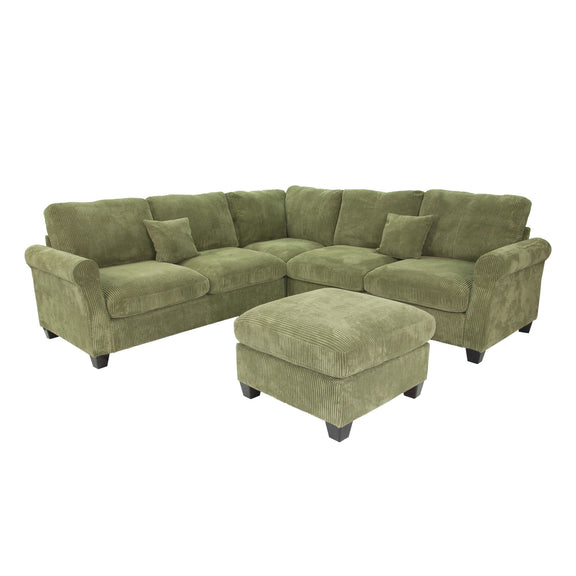 Sage green sectional sofa set with corner wedge and matching square ottoman