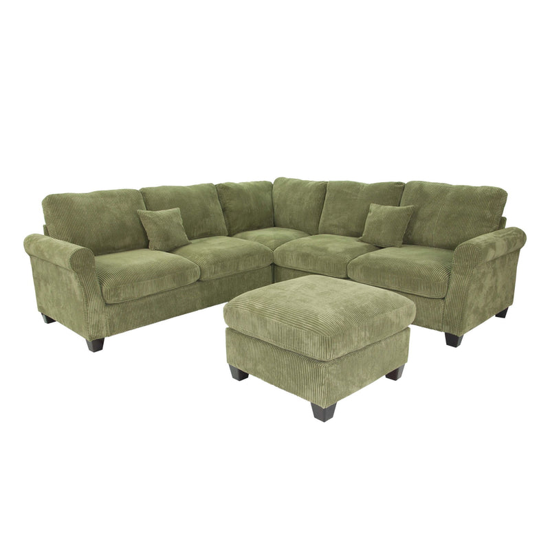 Sage green sectional sofa set with corner wedge and matching square ottoman