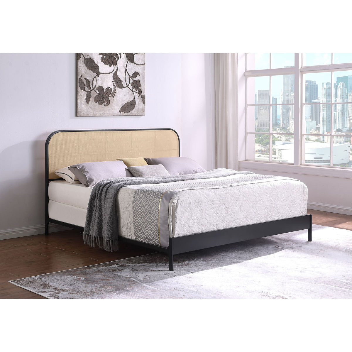 Kenneth radio weave bed with beige headboard, black frame, white bedding and gray throw