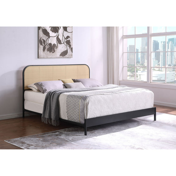 Kenneth radio weave bed with beige headboard, black frame, white bedding and gray throw