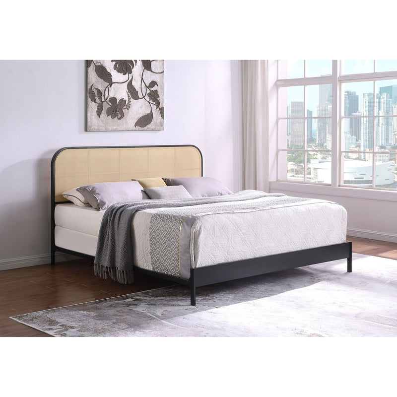 Kenneth radio weave bed with beige headboard, black frame, white bedding and gray throw