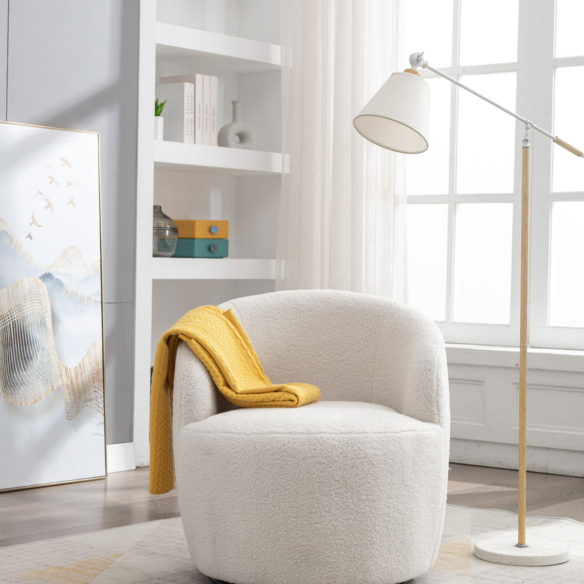 Teddy Fabric Swivel Accent Armchair Barrel Chair With Powder Coating Metal Ring