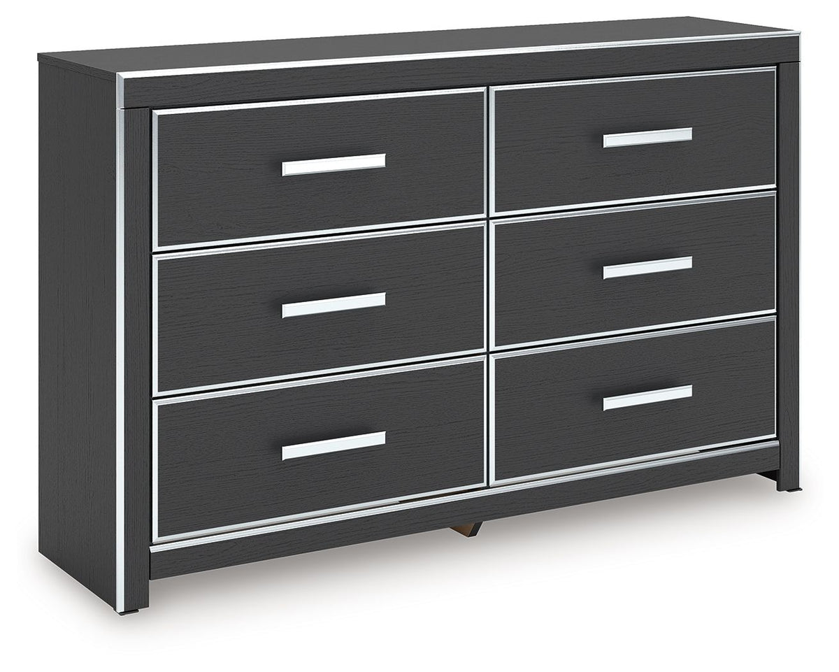 Six-drawer dresser with dark finish and white bar handles, flat top
