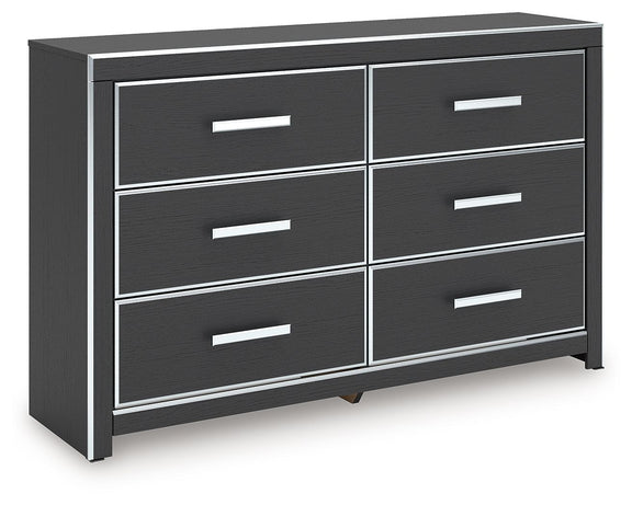 Six-drawer dresser with dark finish and white bar handles, flat top