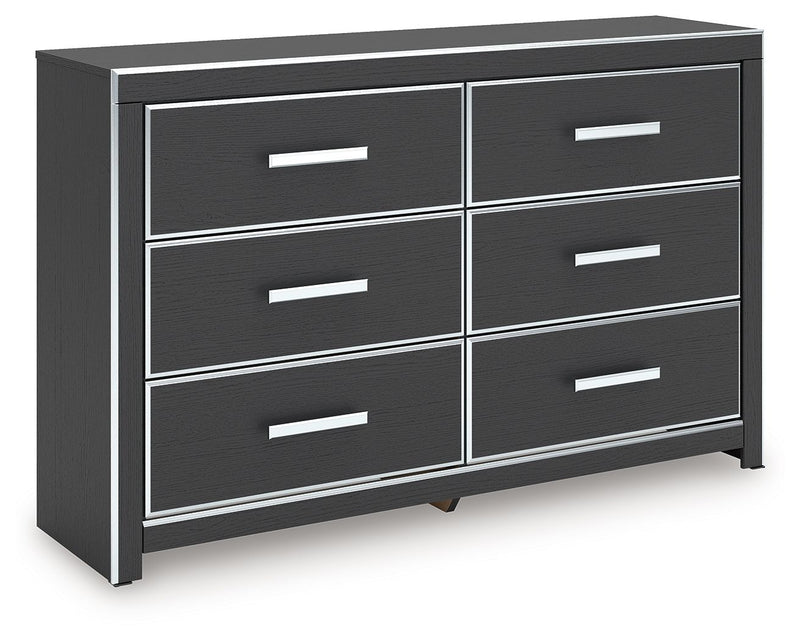 Six-drawer dresser with dark finish and white bar handles, flat top