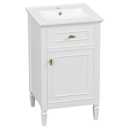 White bathroom vanity with rectangular sink, drawer front, and paneled cabinet door