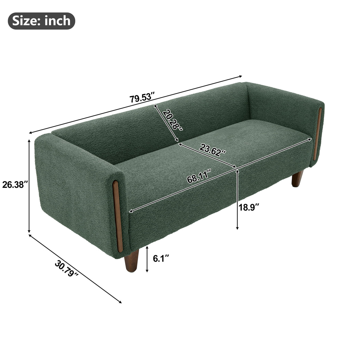 Dark green 3-seater sofa with armrests, size diagram with key measurements (inches)
