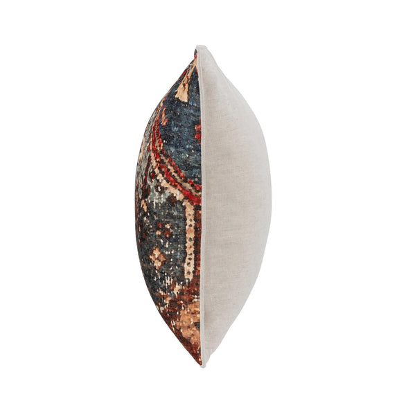 Decorative 22" square pillow side view with multicolor front panel and beige back