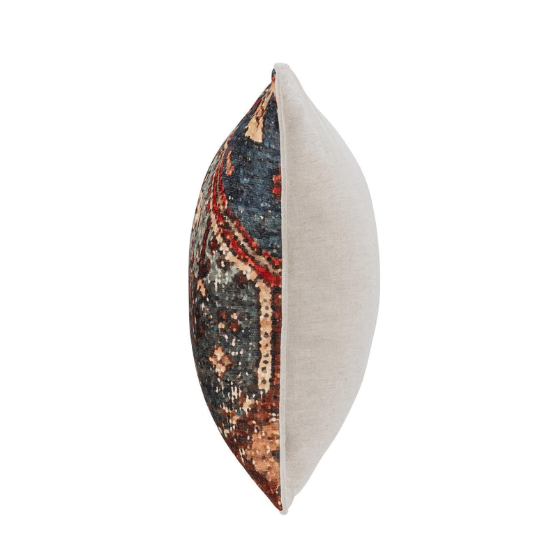 Decorative 22" square pillow side view with multicolor front panel and beige back